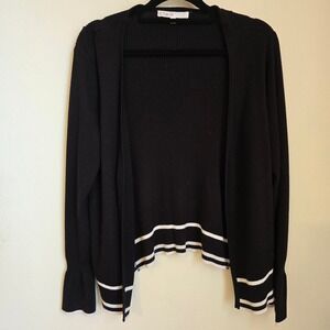 Cleo Black Knit Cardigan Open Front Striped Hem Long FlareSleeve Casual Layering
